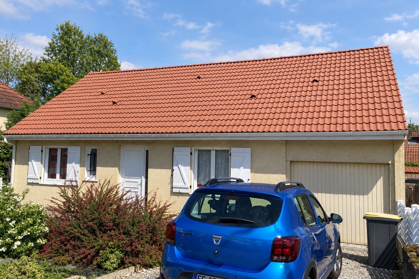 Après rénovation : pavillon avec garage : toit envahi de mousse, puis rénové