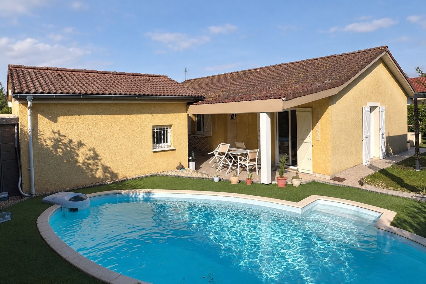 Avant traitement : maison de plain-pied en tuiles béton : du brun délavé au rouge franc